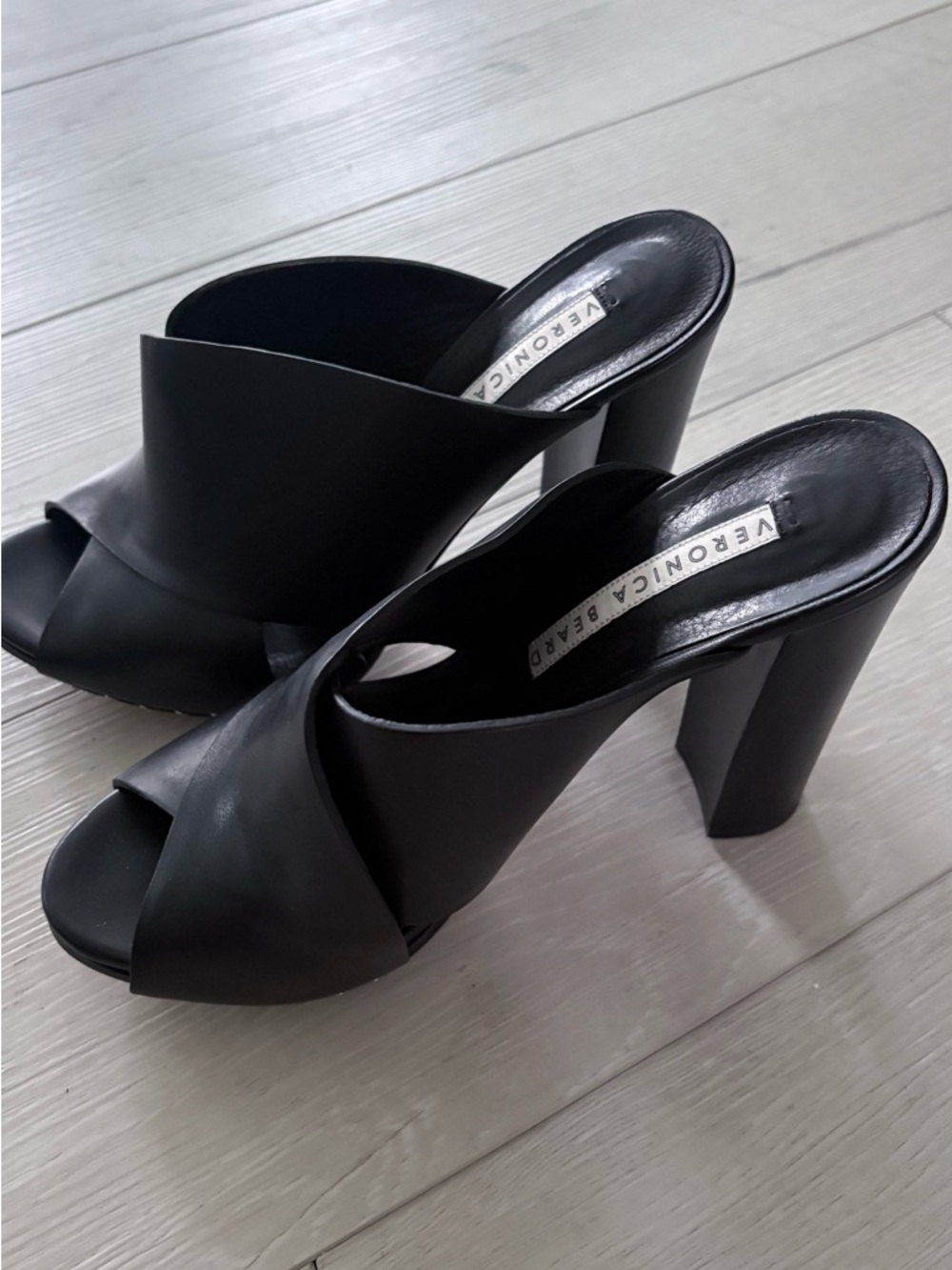 Veronica Black Leather Crossover Mule Heels - Picture 2 of 8